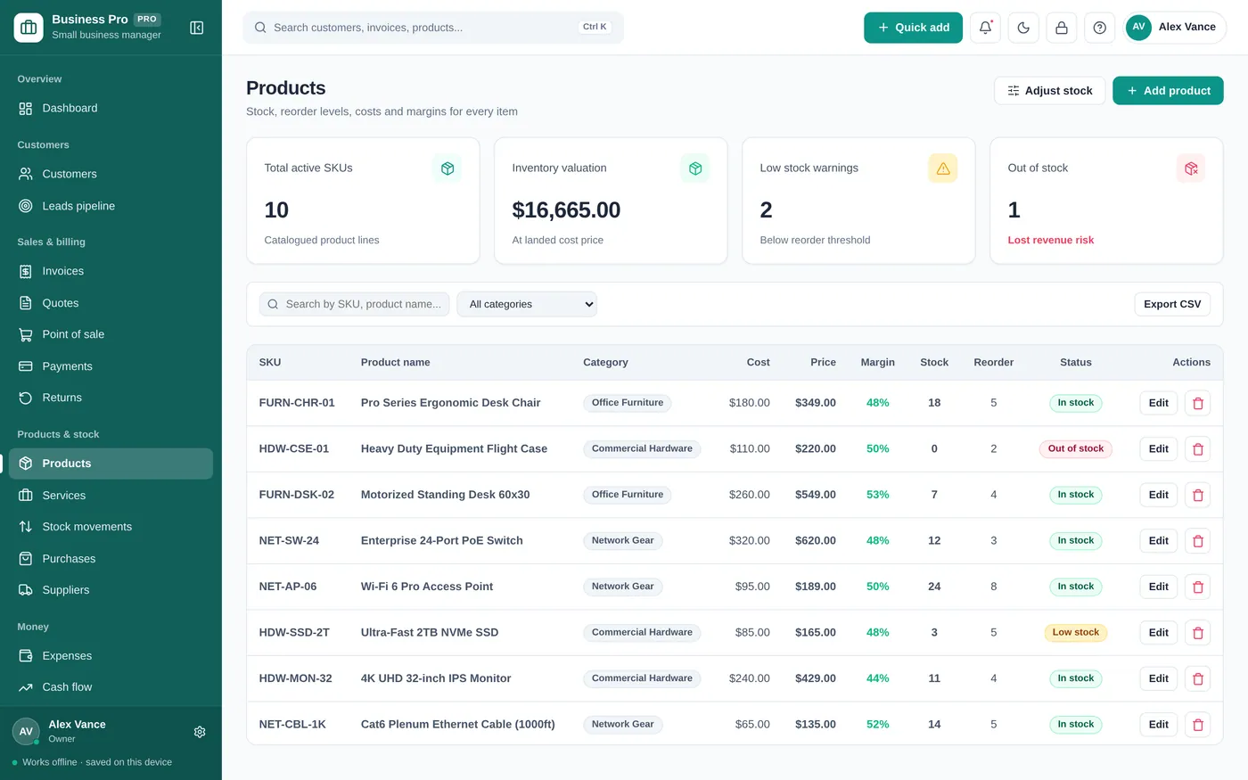 Products & stock screen in Small Business Manager