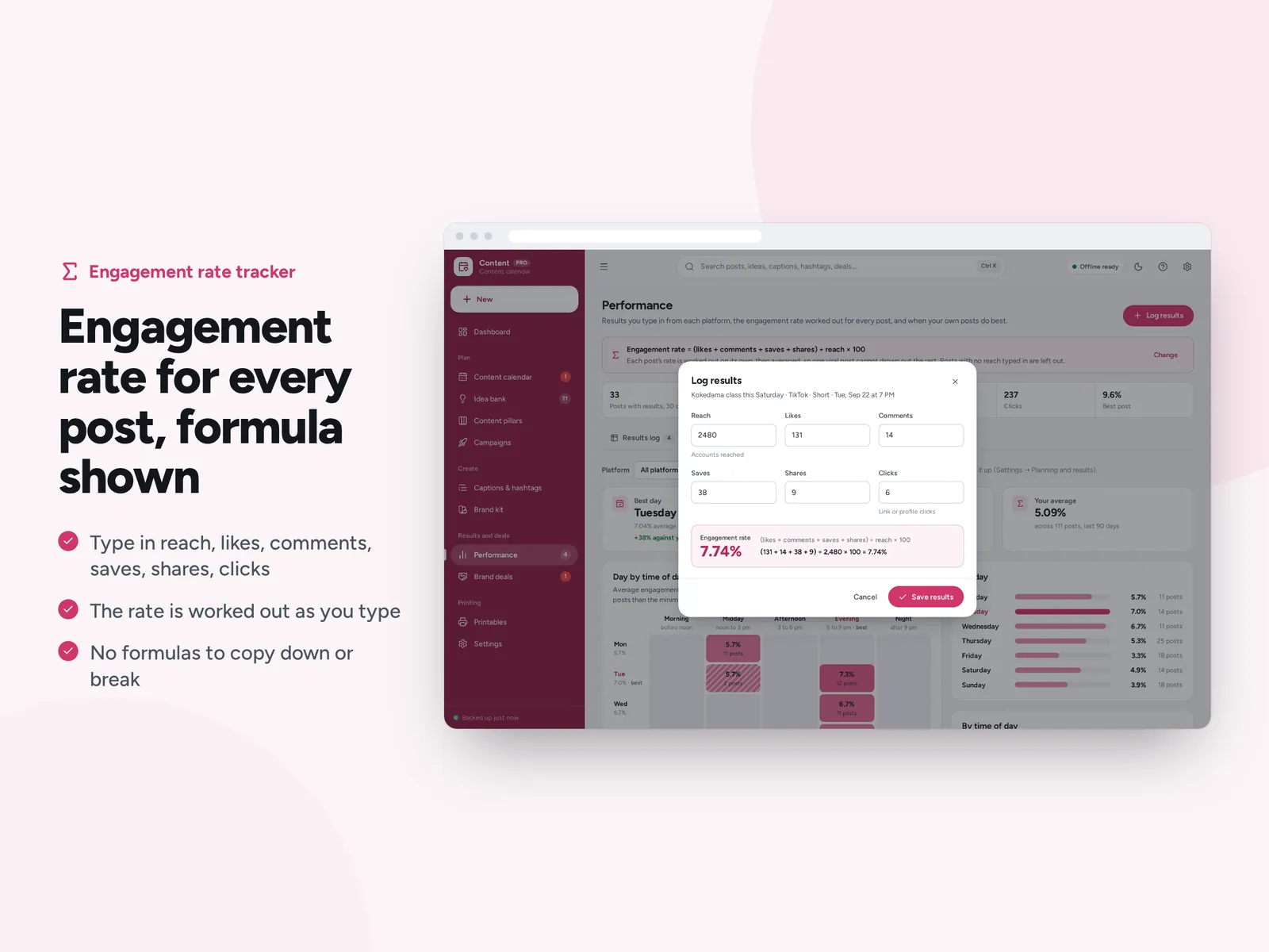 Engagement rate for every post, formula shown