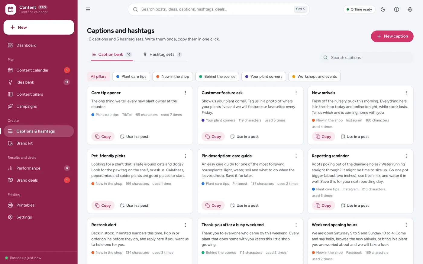 Caption bank & hashtag sets screen in Social Media Content Planner