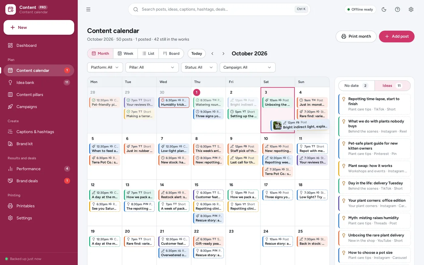 Content calendar screen in Social Media Content Planner