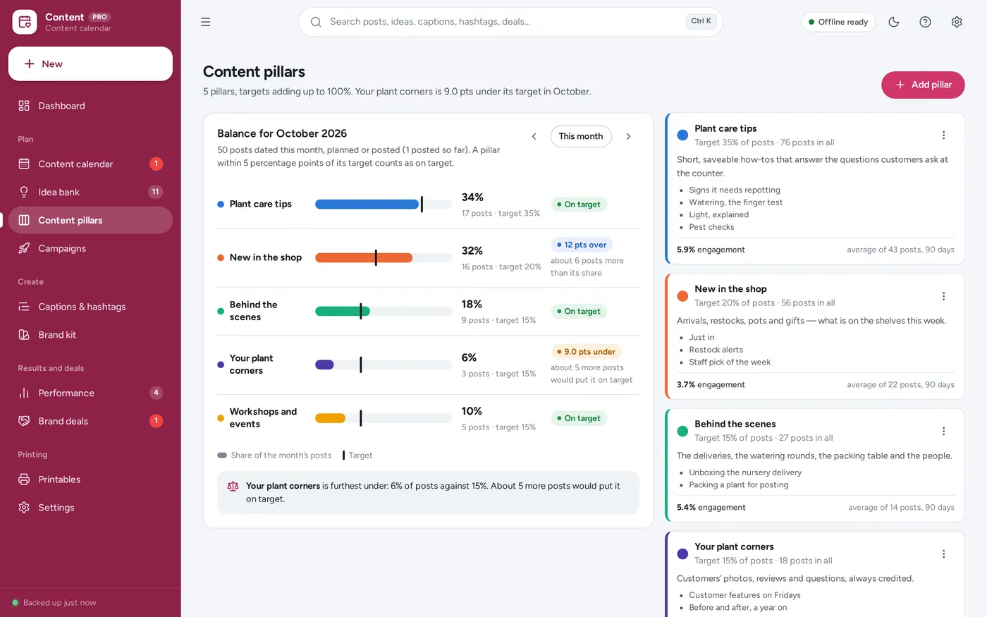 Content pillars screen in Social Media Content Planner