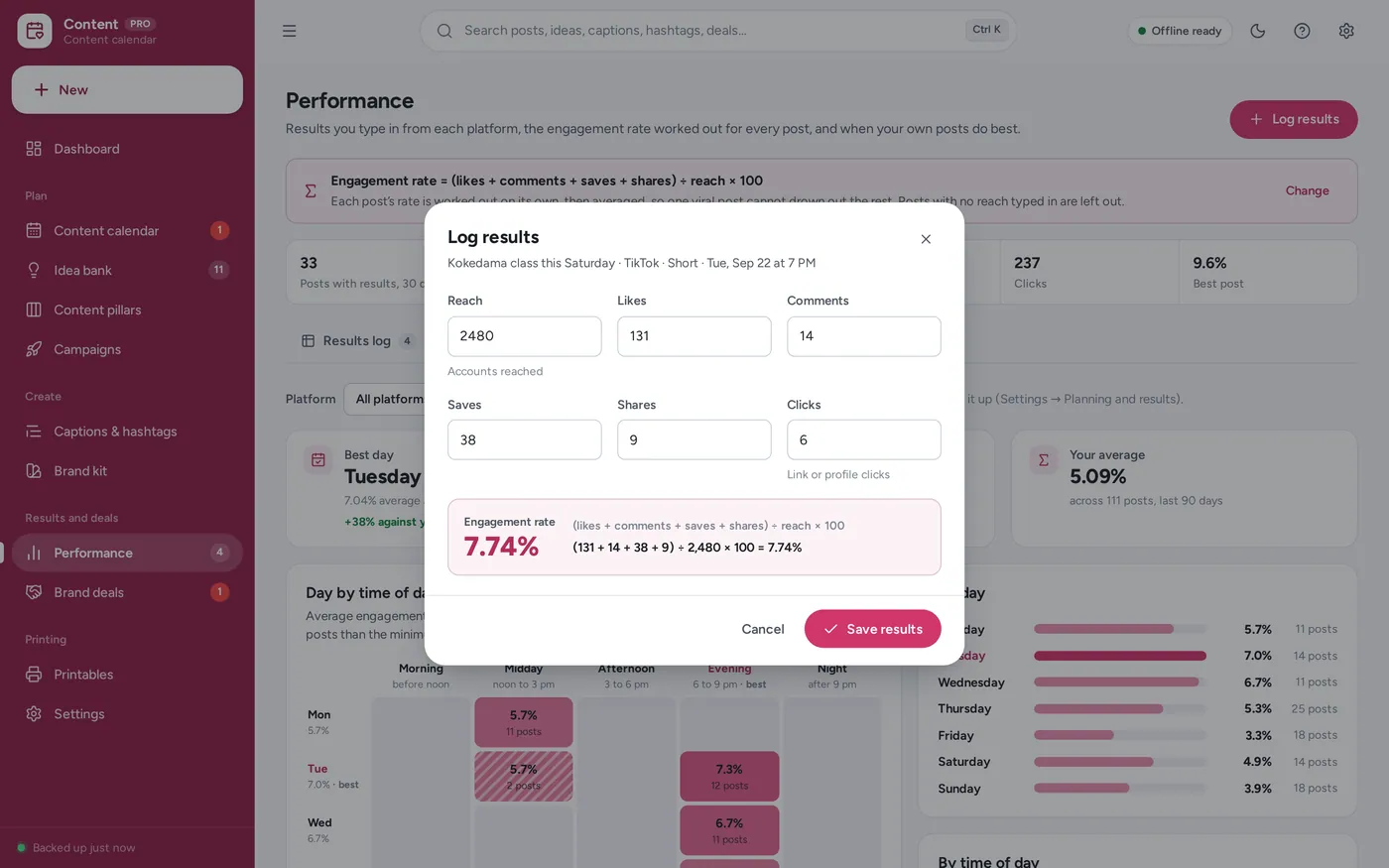 Engagement rate tracker screen in Social Media Content Planner