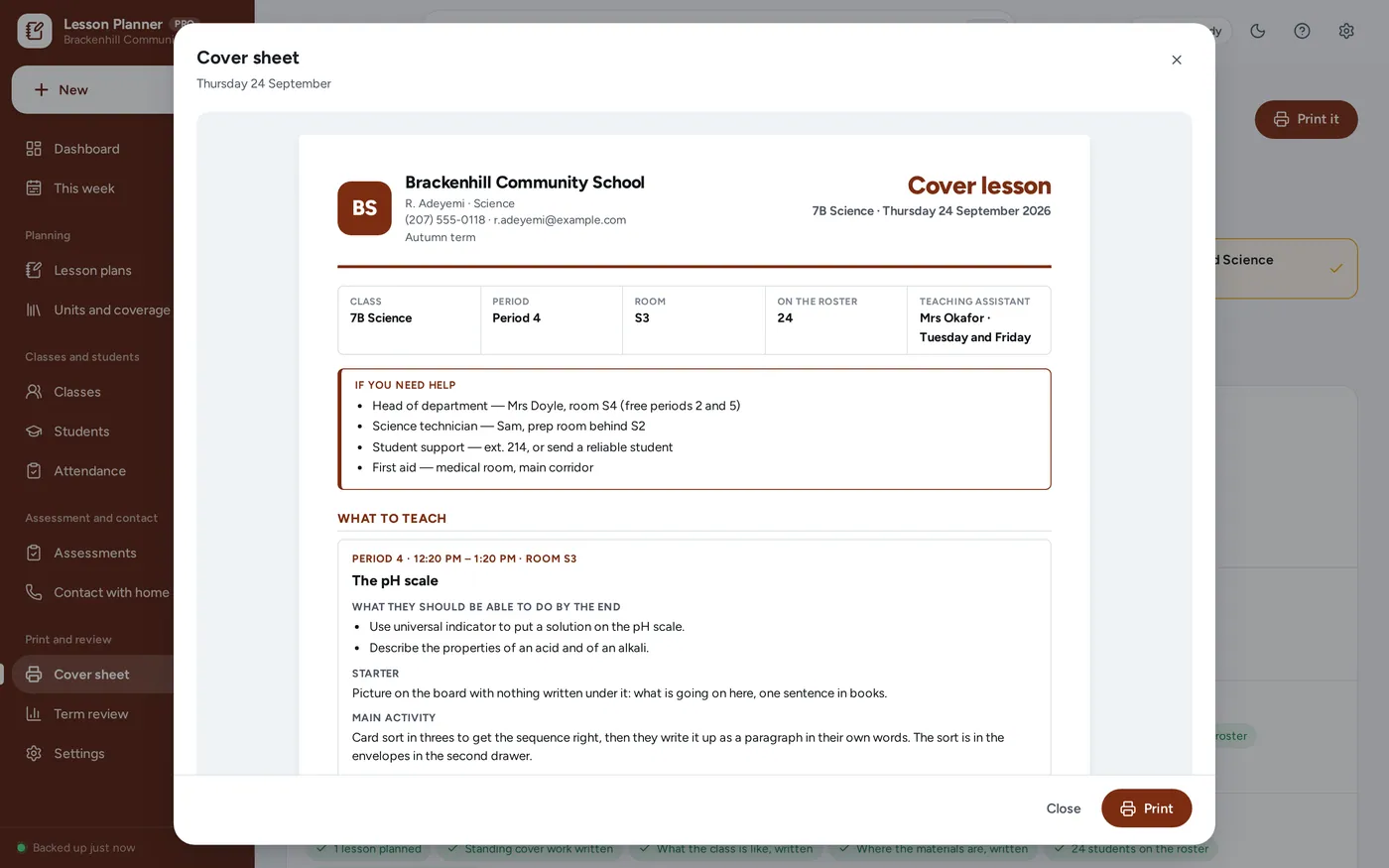 Cover sheet screen in Teacher Lesson Planner