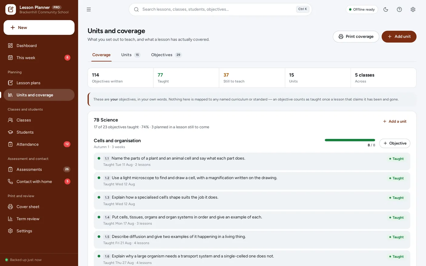 Units and coverage screen in Teacher Lesson Planner