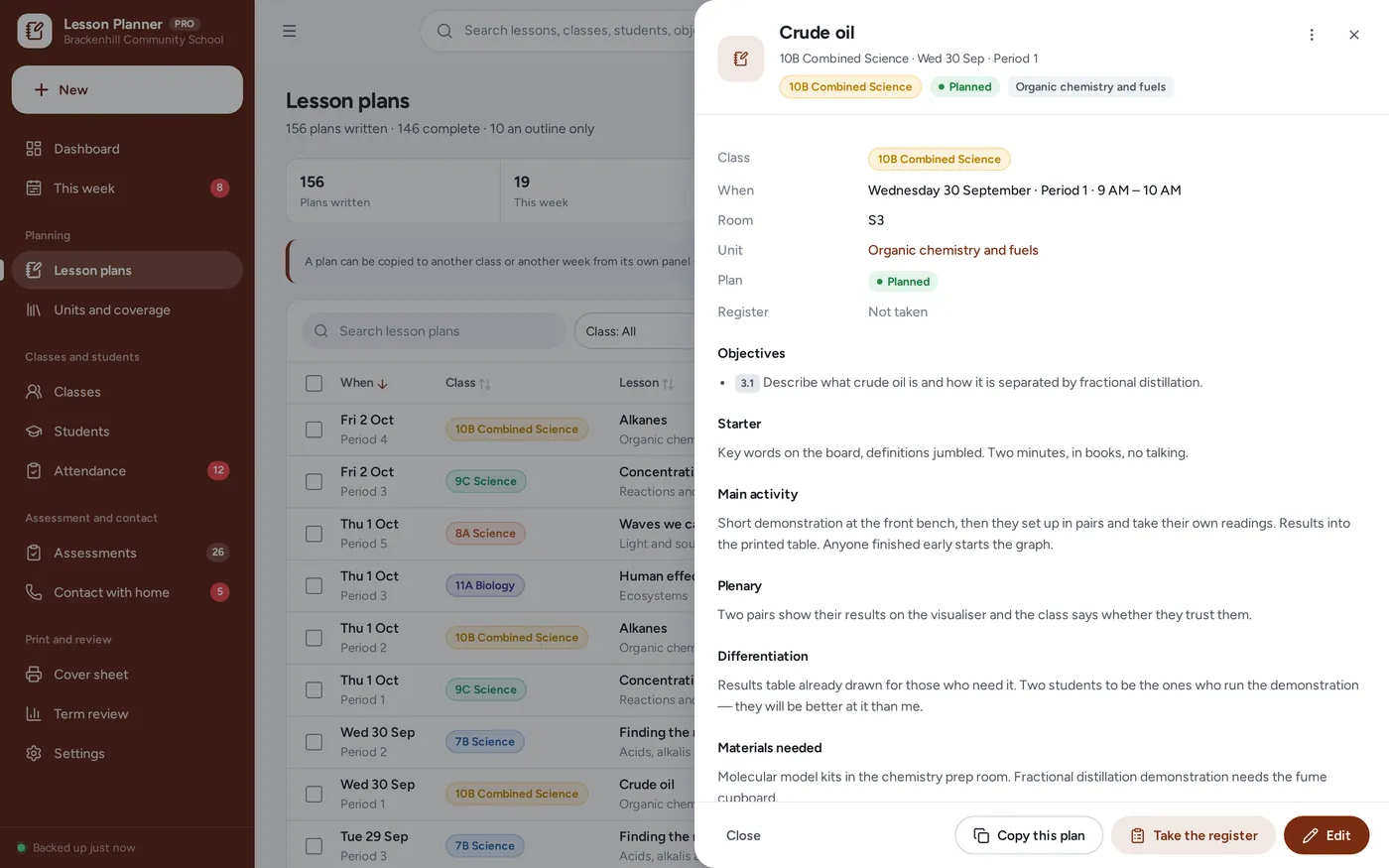 Lesson plans screen in Teacher Lesson Planner