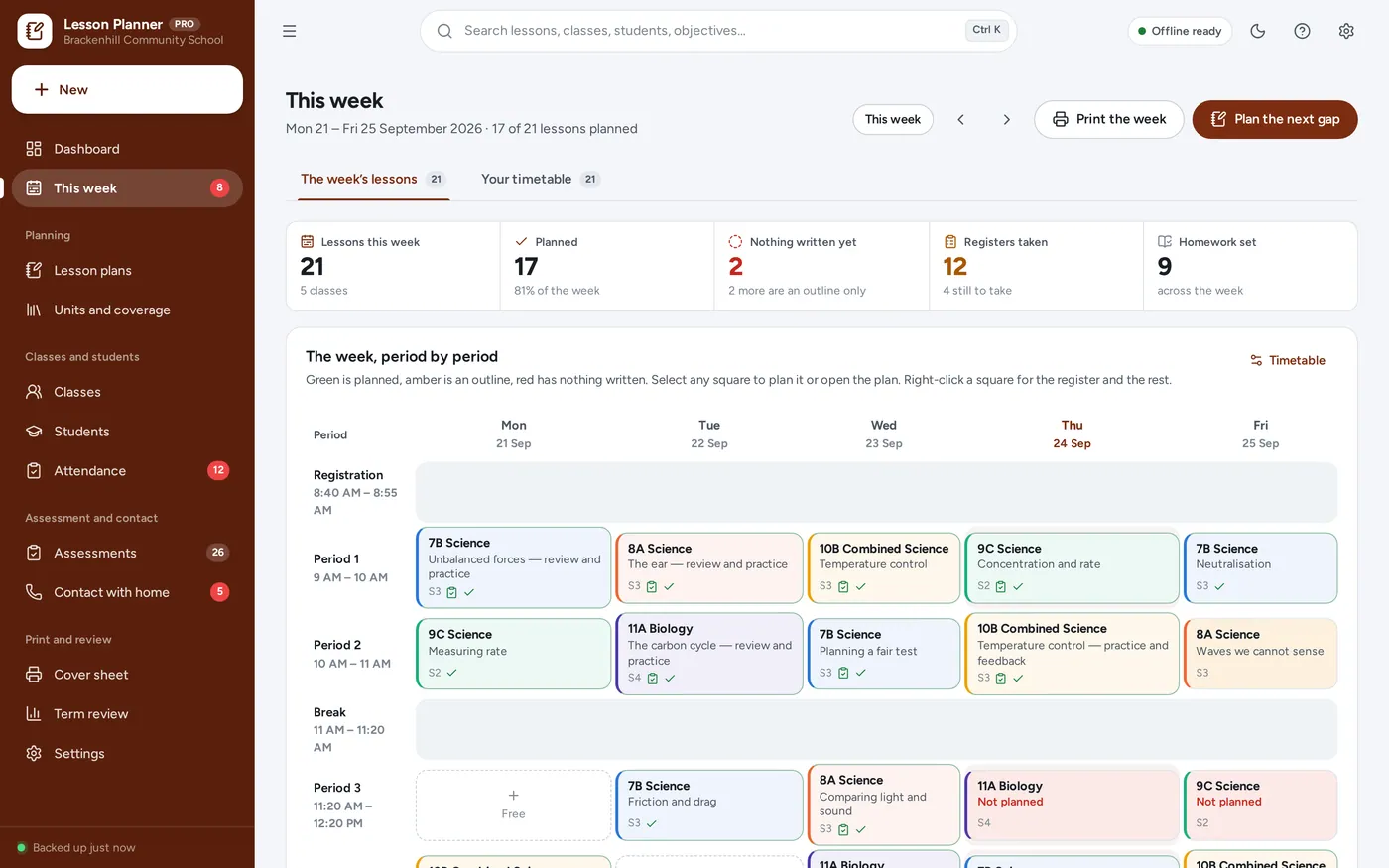 The week’s lessons screen in Teacher Lesson Planner