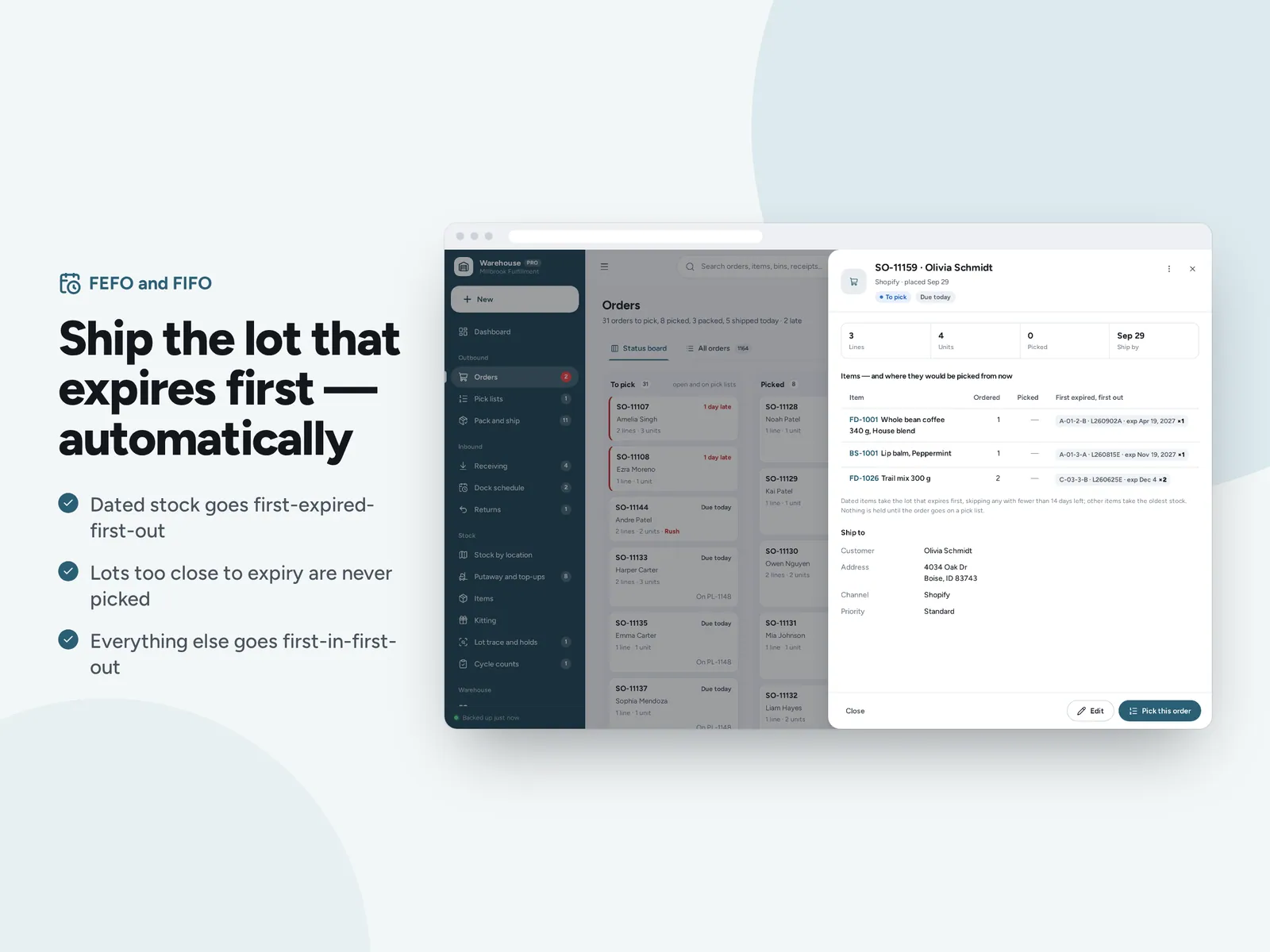 Ship the lot that expires first — automatically