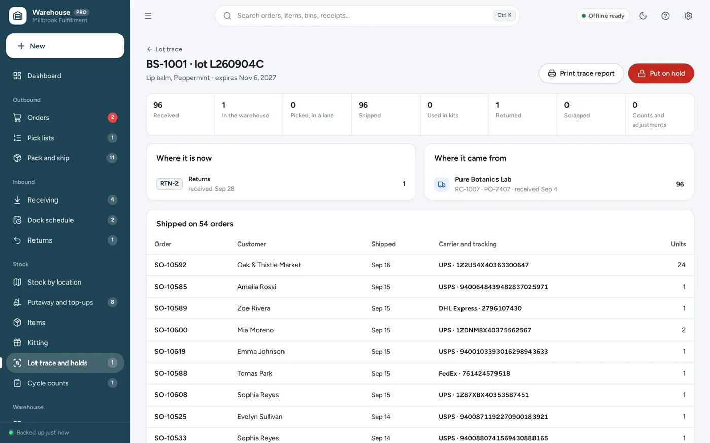 Lot tracking and recalls screen in Warehouse Management System