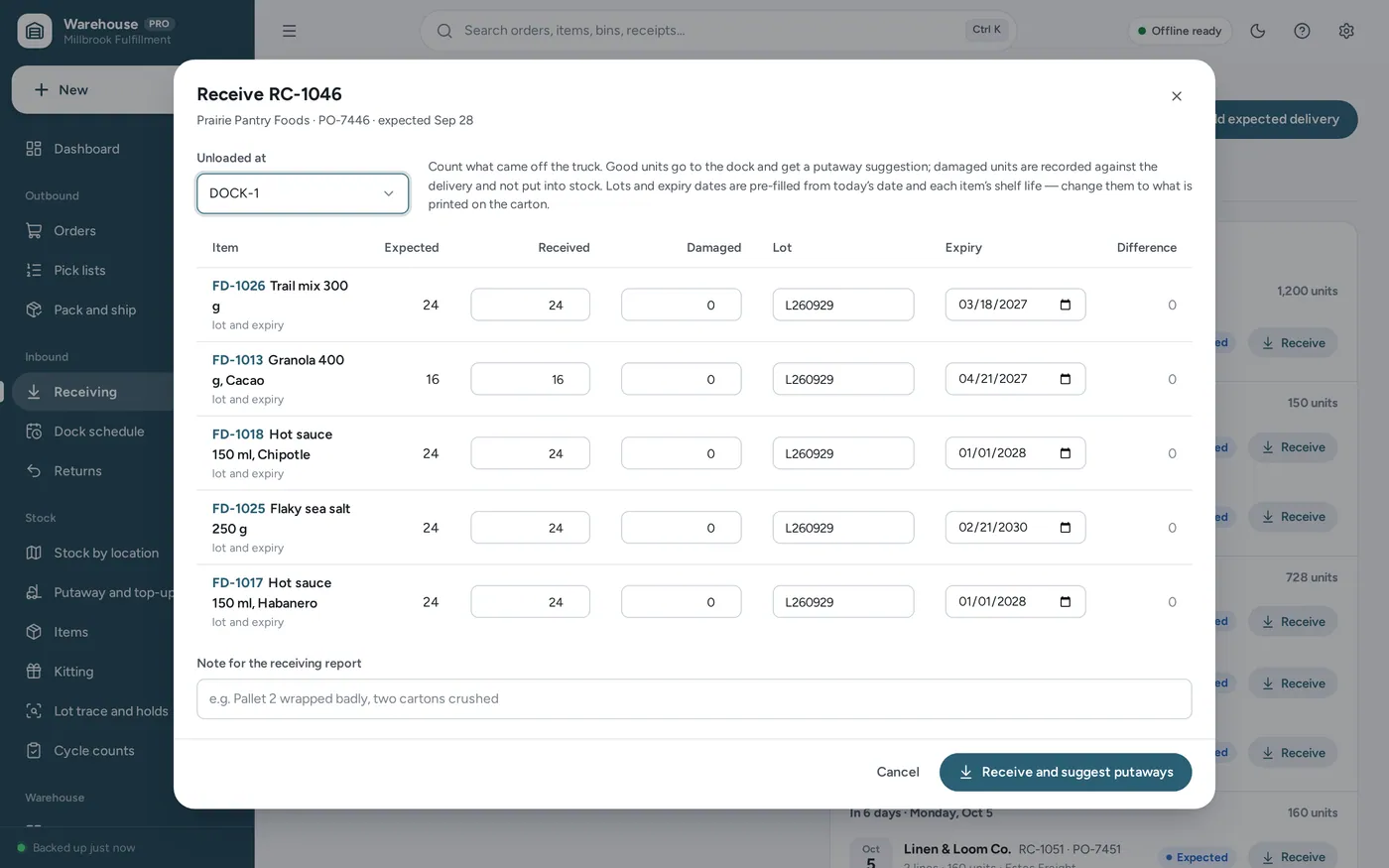 Receiving and putaway screen in Warehouse Management System