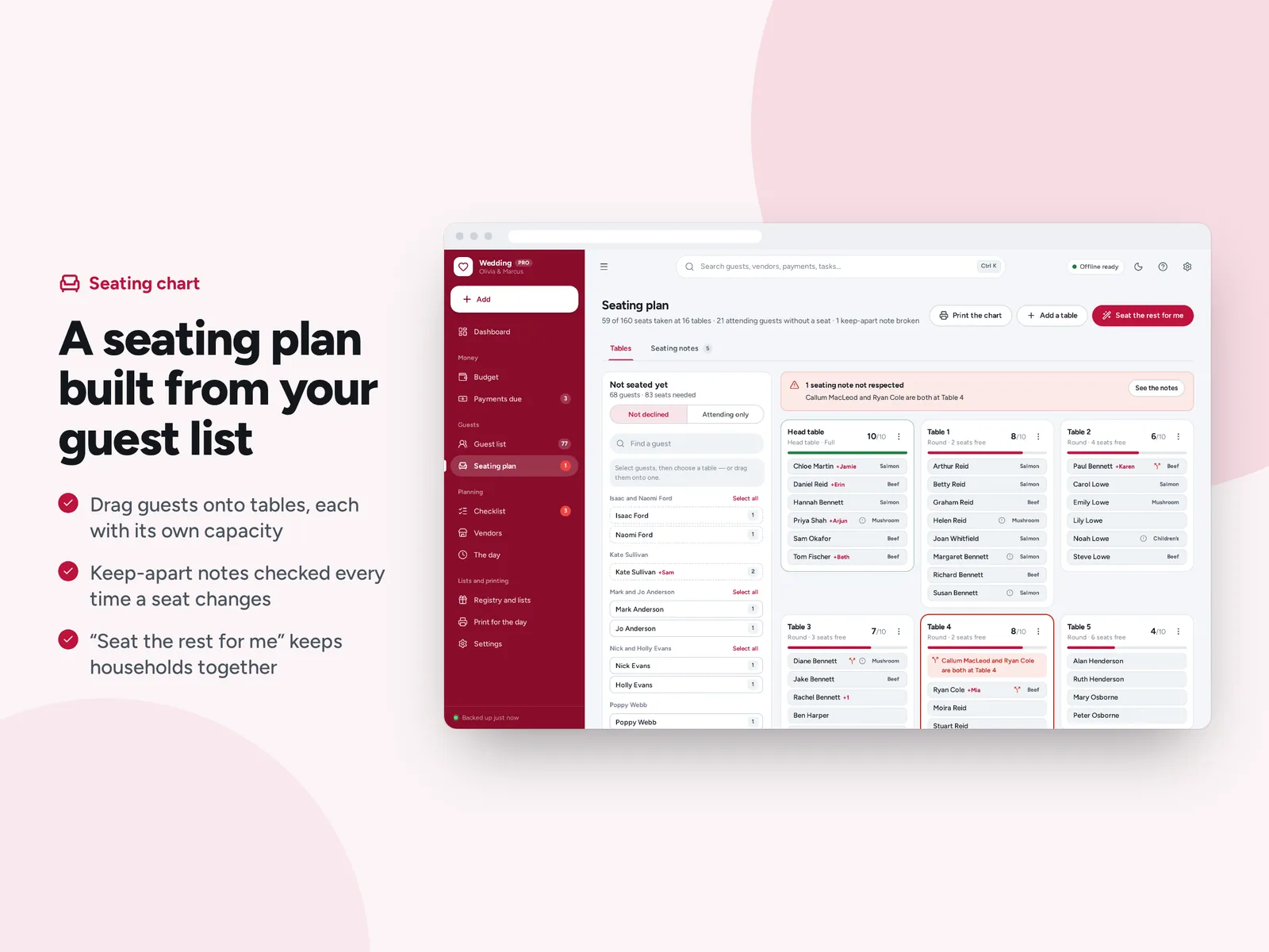 A seating plan built from your guest list