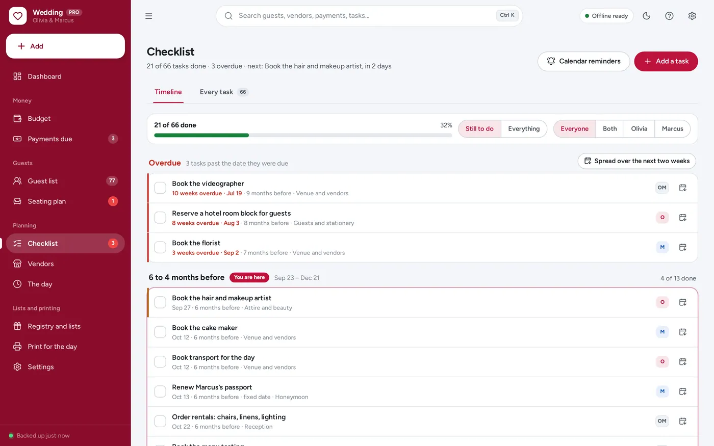Wedding checklist screen in Wedding Planner