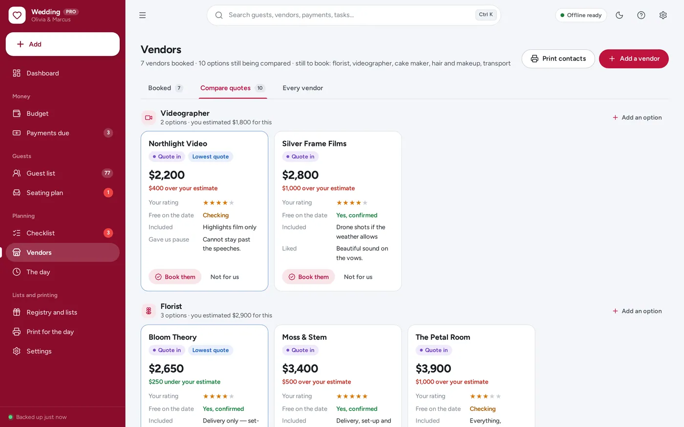 Vendor tracker screen in Wedding Planner