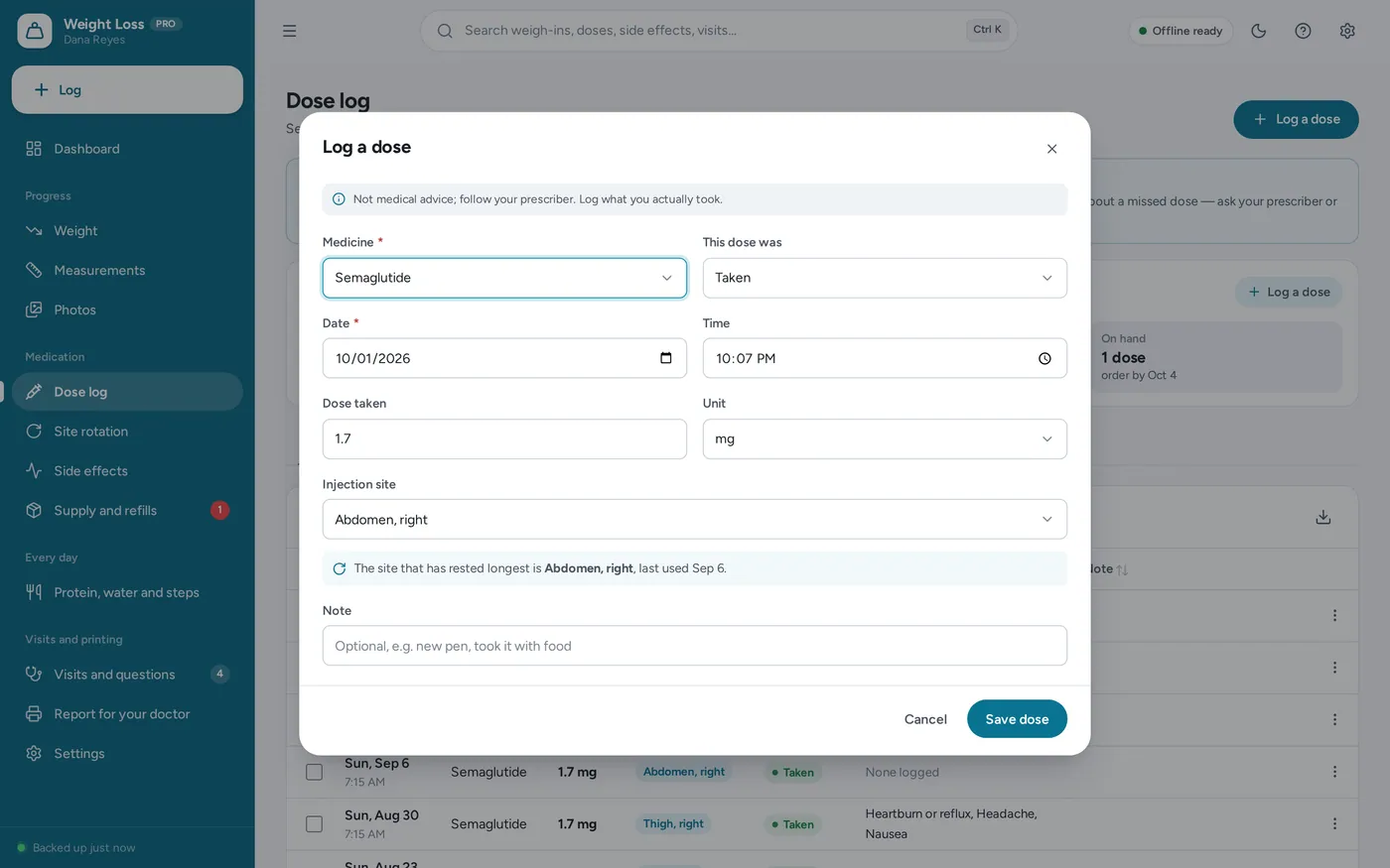 GLP-1 tracker screen in Weight Loss & GLP-1 Tracker