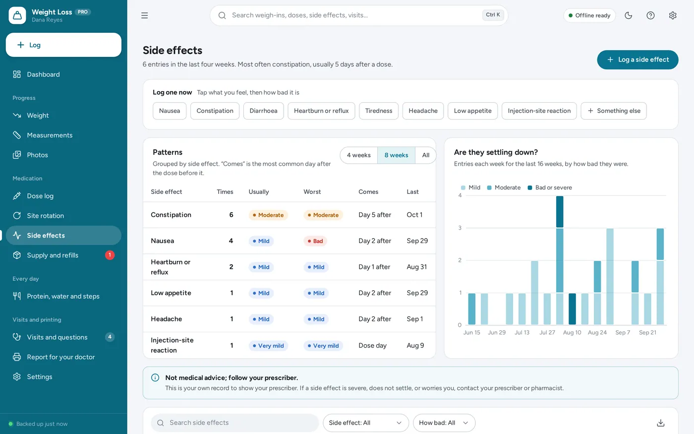Side effect log screen in Weight Loss & GLP-1 Tracker