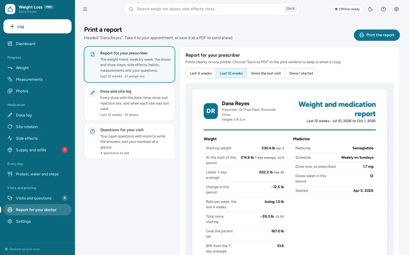 Report for your doctor screen in Weight Loss & GLP-1 Tracker