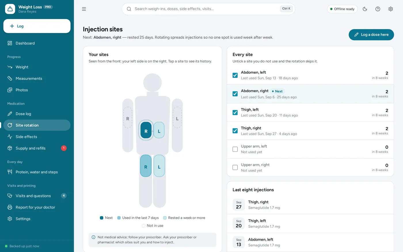 Injection site rotation screen in Weight Loss & GLP-1 Tracker