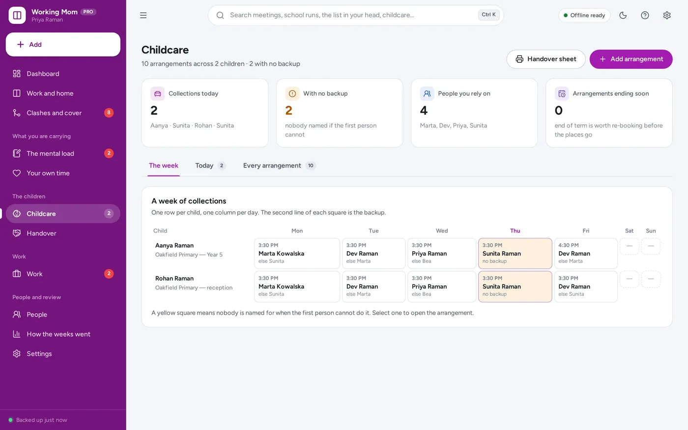 Childcare screen in Working Mom Planner