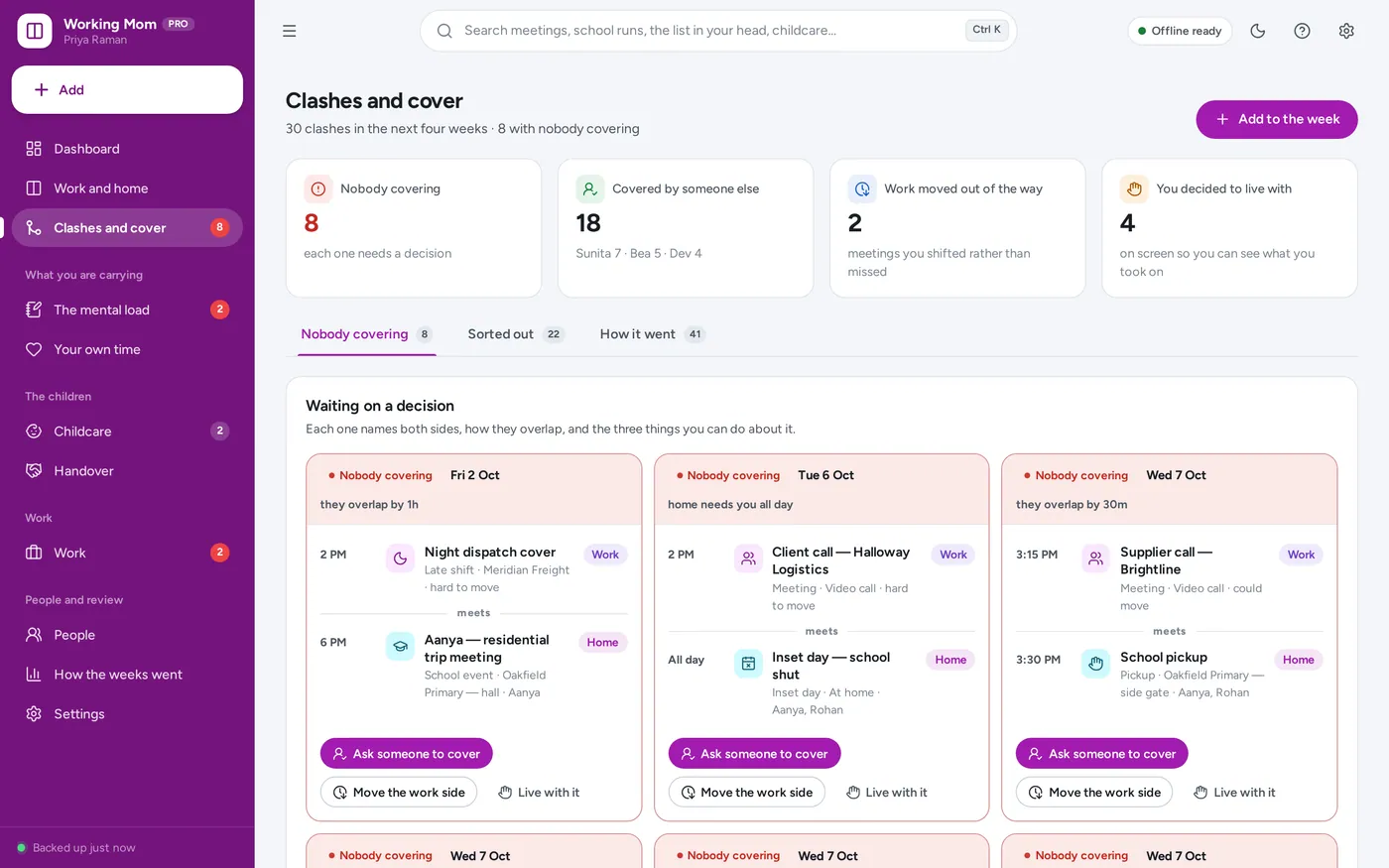 Clashes & cover screen in Working Mom Planner