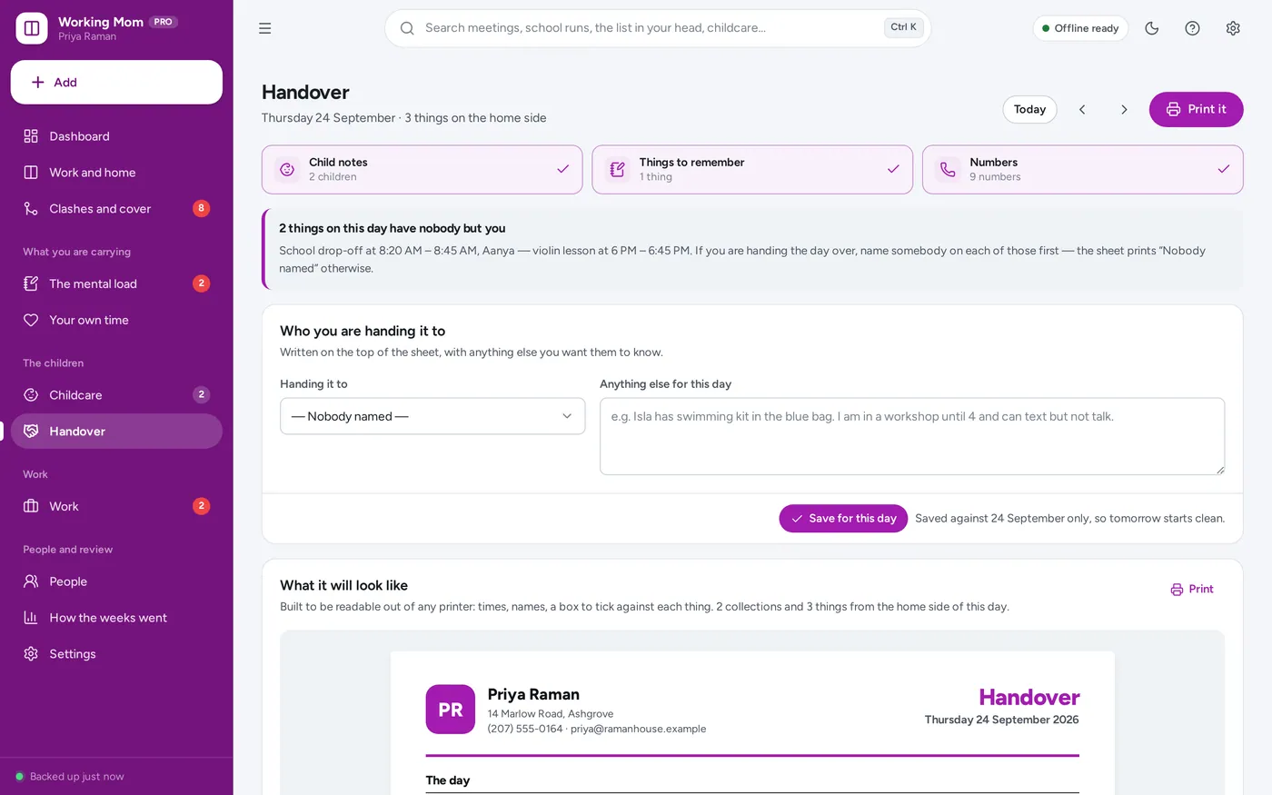 The handover sheet screen in Working Mom Planner