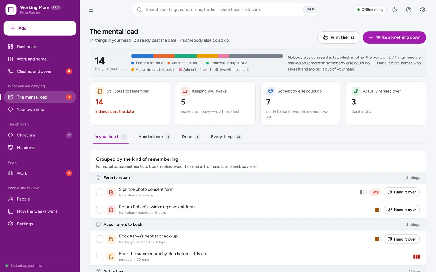 The mental load screen in Working Mom Planner
