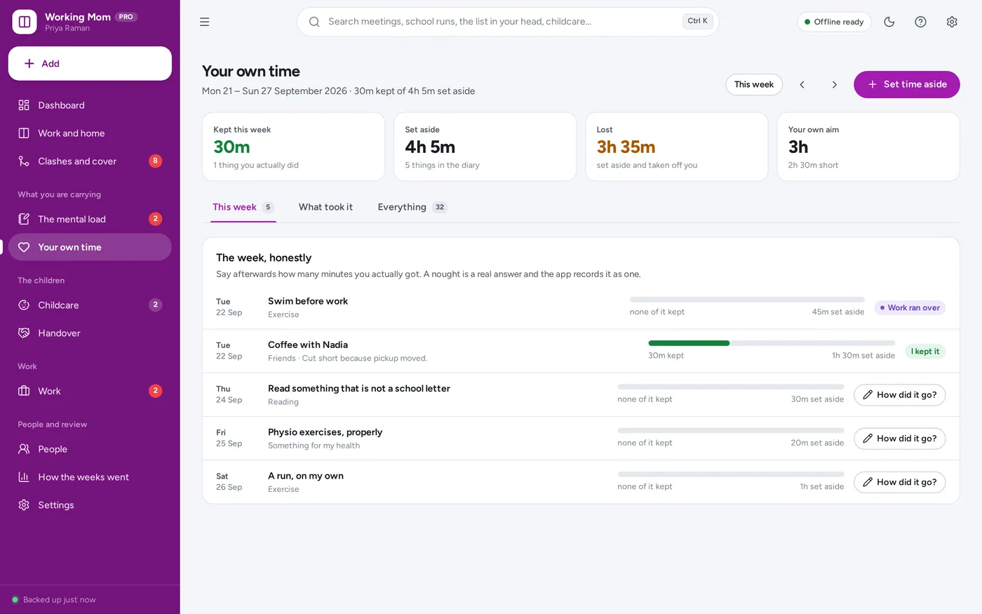 Your own time screen in Working Mom Planner