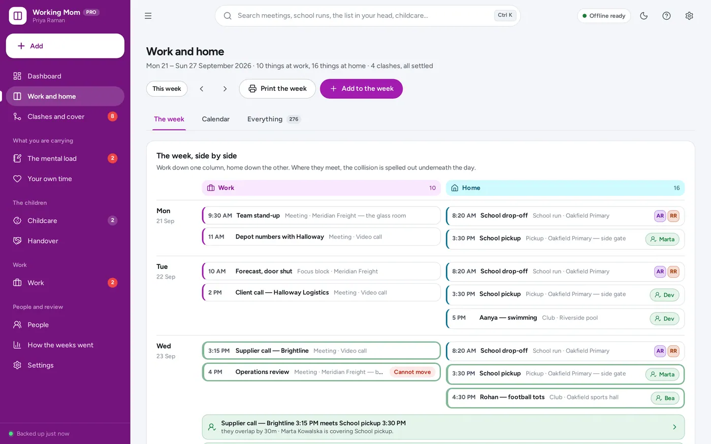 The week screen in Working Mom Planner