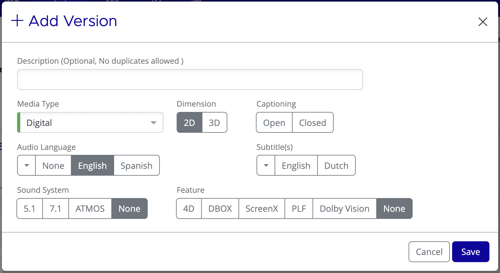 Add Version dialog showing all configuration fields