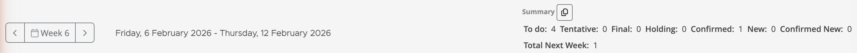Week selector showing Week 6 with date range and summary bar with status counts
