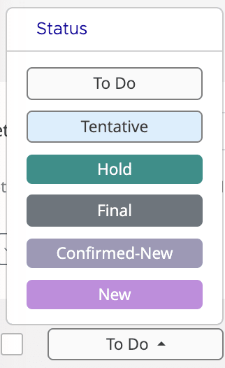 Holdover status dropdown showing To Do, Tentative, Hold, Final, Confirmed-New, and New options