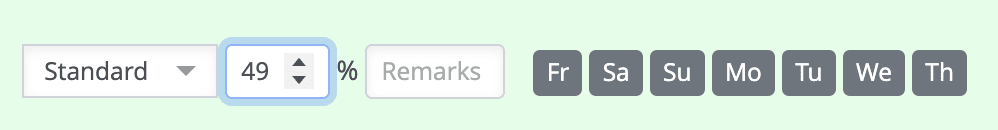 Inline editing area showing showcode dropdown, rental percentage, remarks field, and day tick checkboxes
