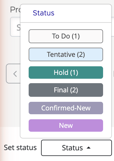 Set status dropdown showing status options with count indicators for selected bookings