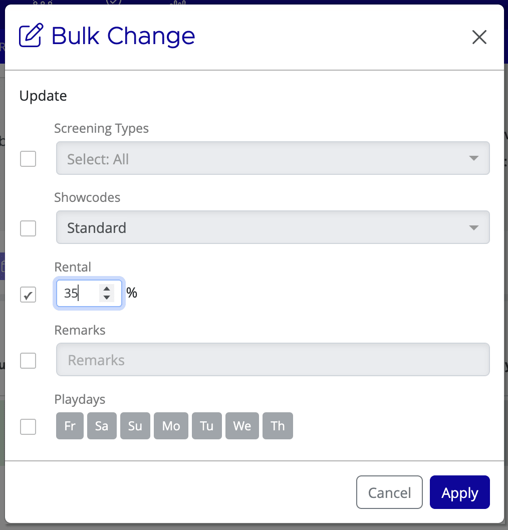 Bulk Change dialog with fields for Screening Types, Showcodes, Rental, Remarks, and Playdays