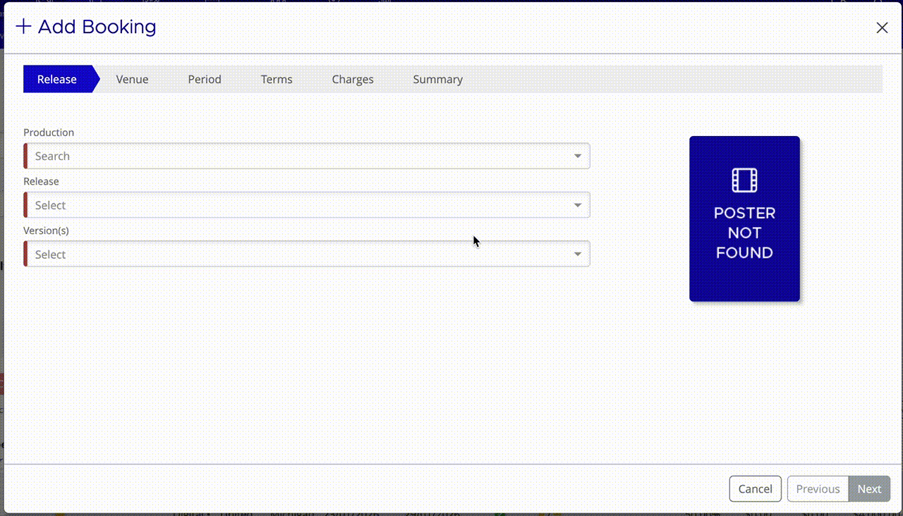 Selecting a production, release, and version in the booking wizard