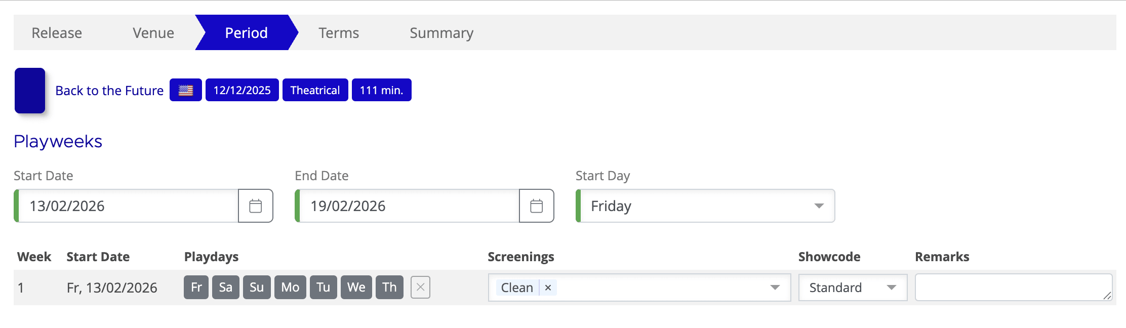 Mica playweek settings panel showing the Start Date field, End Date field, and Start Day dropdown side by side