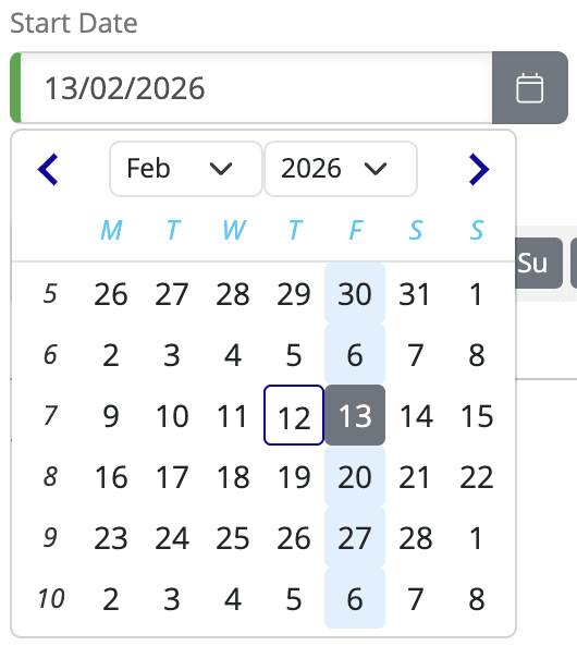 Start Date field with calendar date picker open showing a monthly calendar view