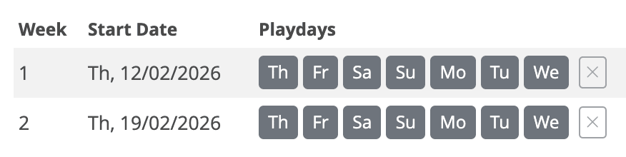 Playweek grid showing Week 1 and Week 2 both running Thursday to Wednesday with all days ticked