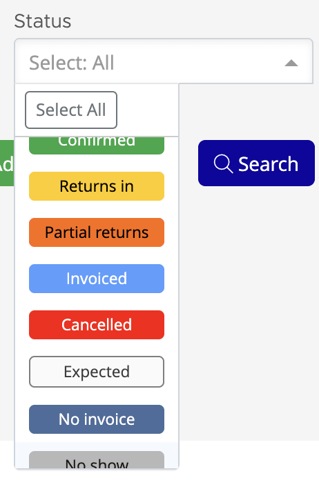 Status filter dropdown on the Playweeks page showing all eight playweek statuses: Confirmed, Returns In, Partial Returns, Invoiced, Cancelled, Expected, No Invoice, and No Show