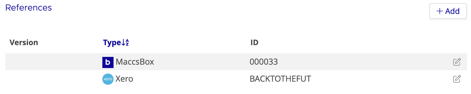 References section in the Edit Release dialog showing a table with Version, Type, and ID columns, with a MaccsBox reference and an Add button
