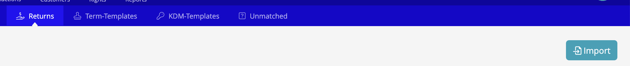 Returns import screen showing the Import button in the top right