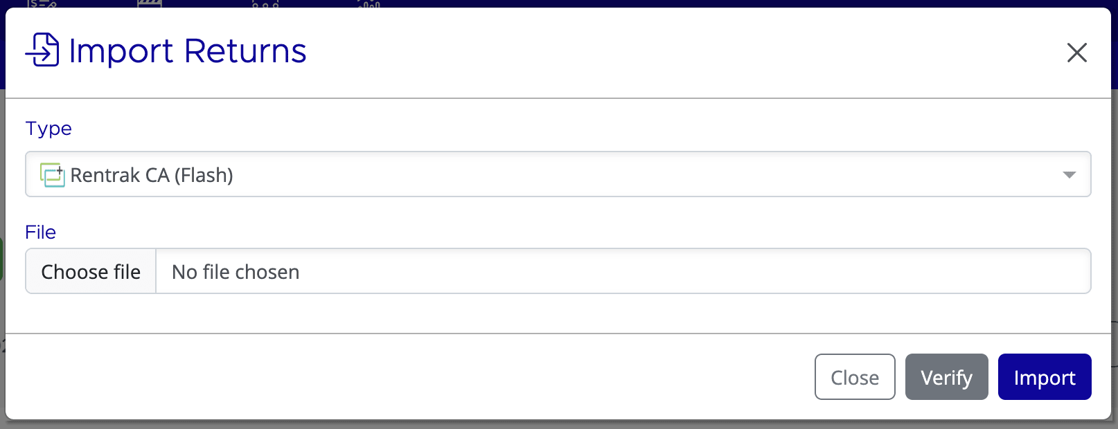 Import Returns dialog with file format selection and Choose File button