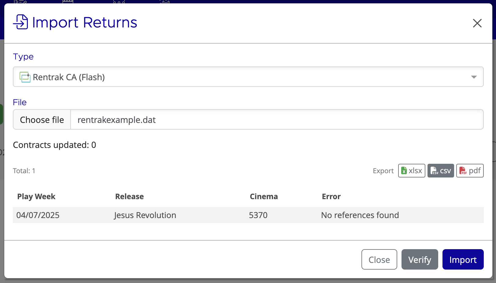 Import verification results showing a No references found error for an unlinked film