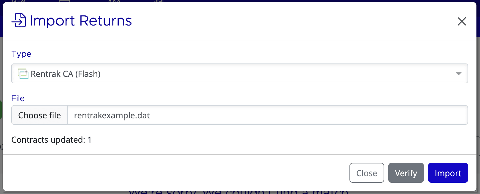 Successful import result showing Contracts updated counter