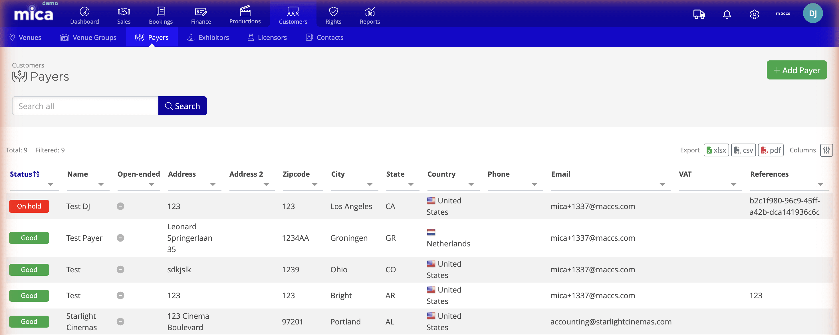 Payers list page showing payer table with Status, Name, Address, City, Country, Phone, Email, and VAT columns
