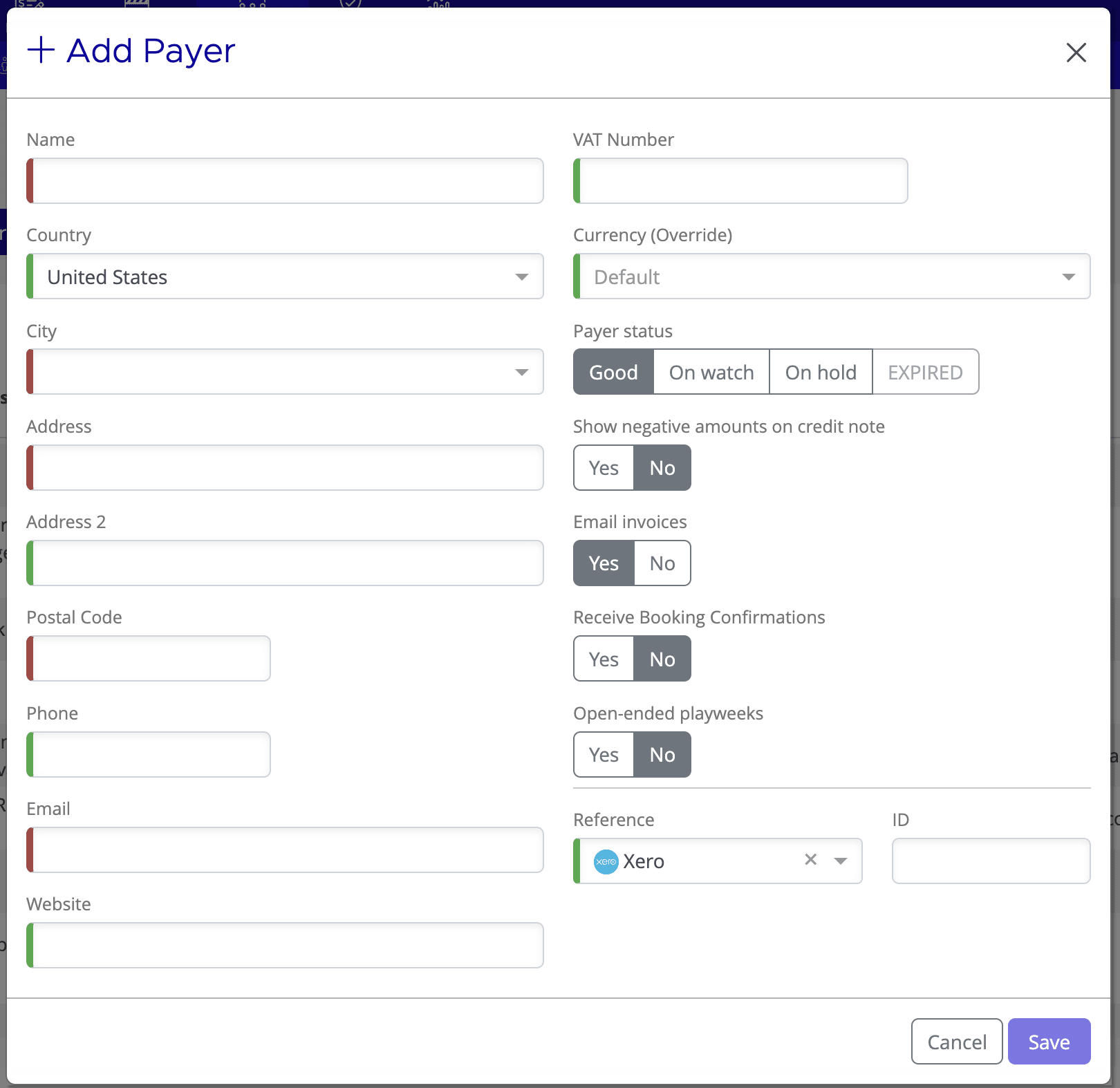 Add Payer dialog showing contact fields on the left and invoicing, status, and reference fields on the right