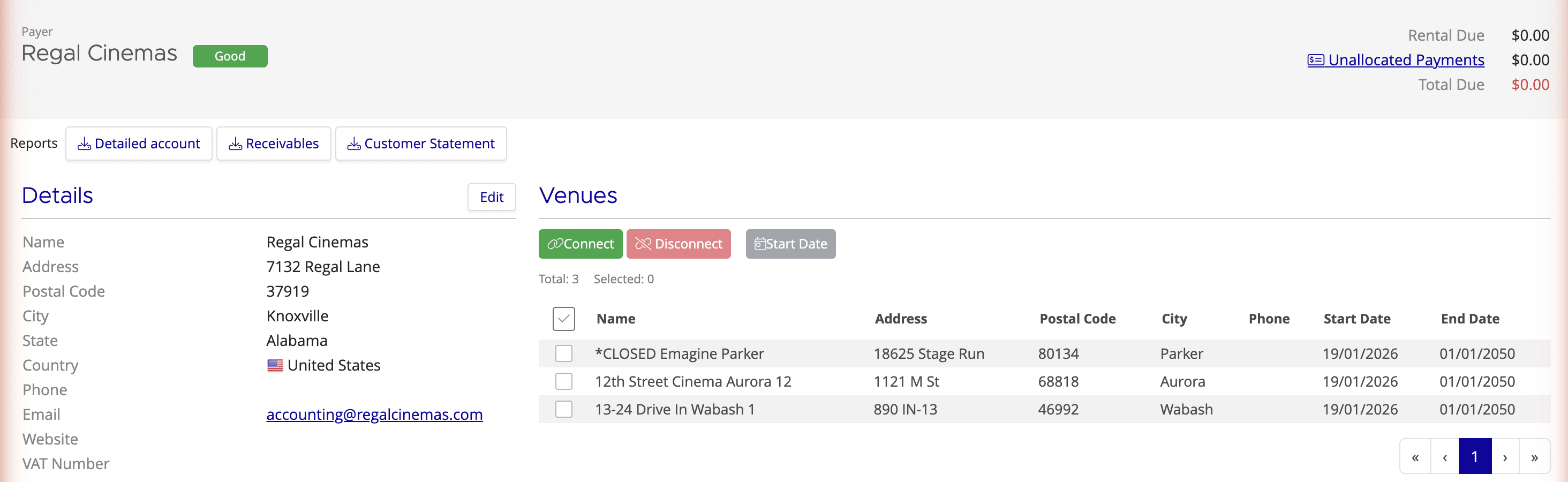 Payer detail page showing Details section, connected Venues, and financial summary