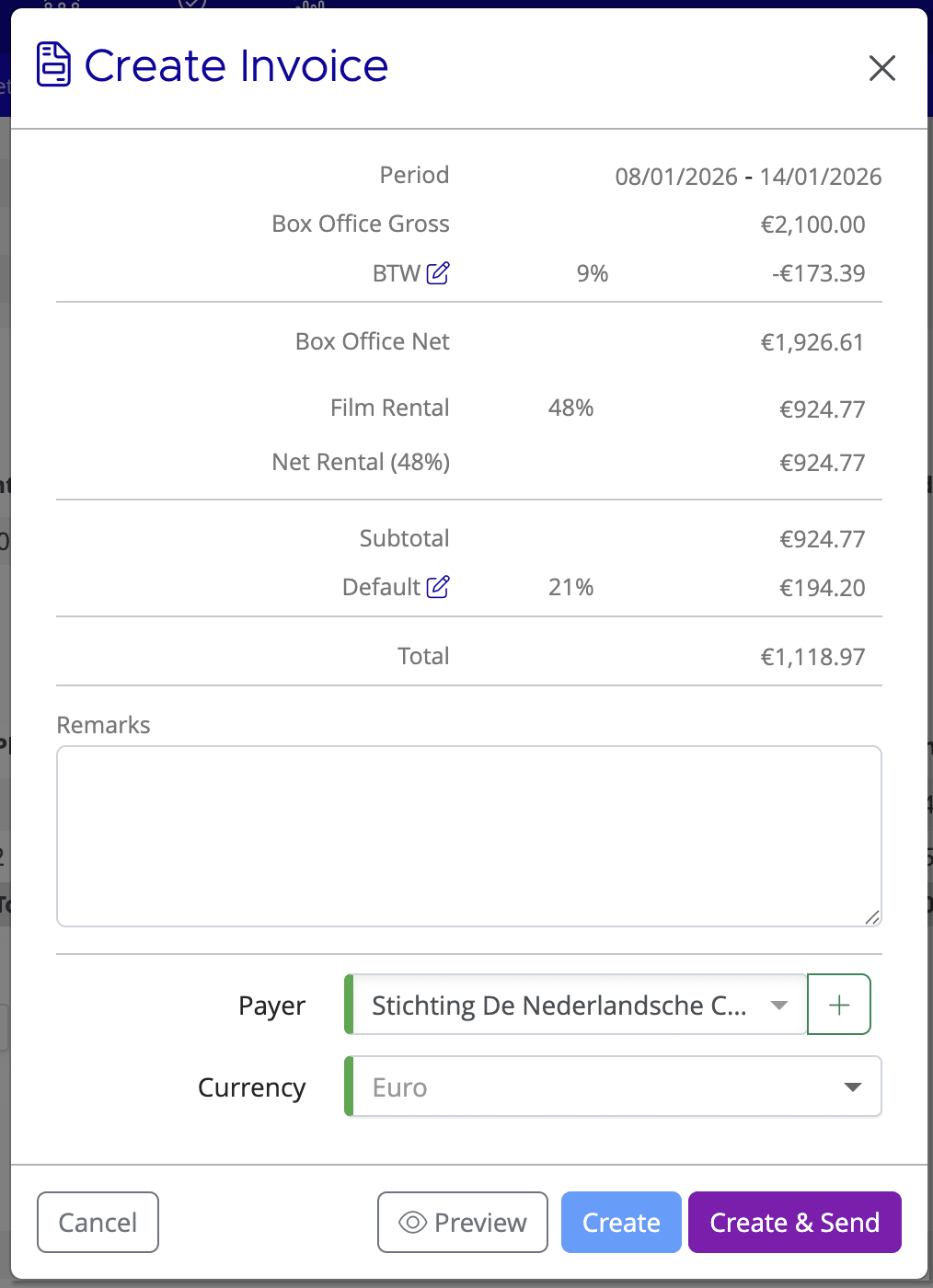 Create Invoice modal showing period, box office breakdown, rental calculation, remarks field, and payer selection