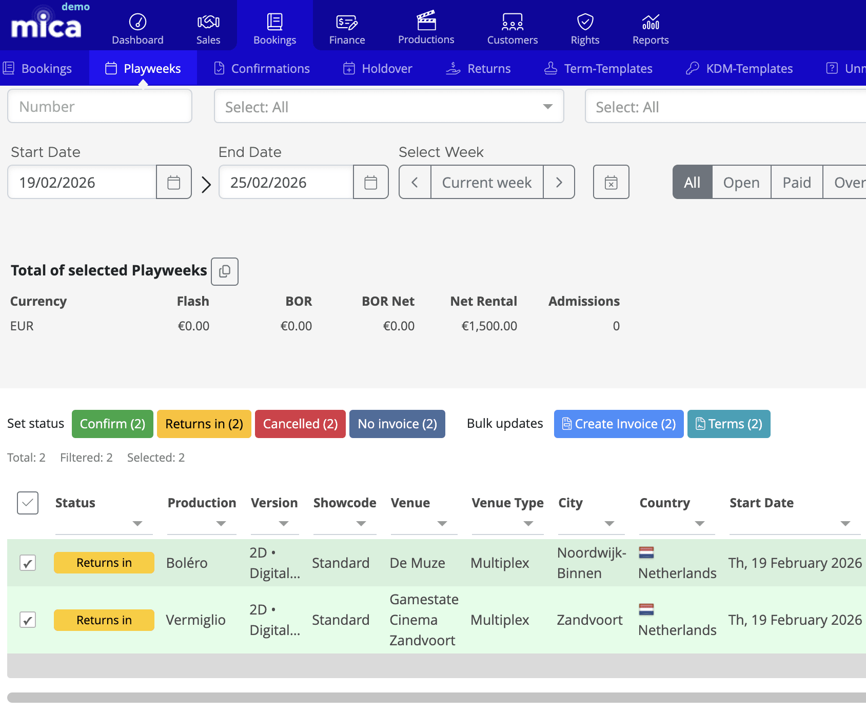 Bookings Playweeks page filtered by Returns In status with rows selected for bulk invoice creation