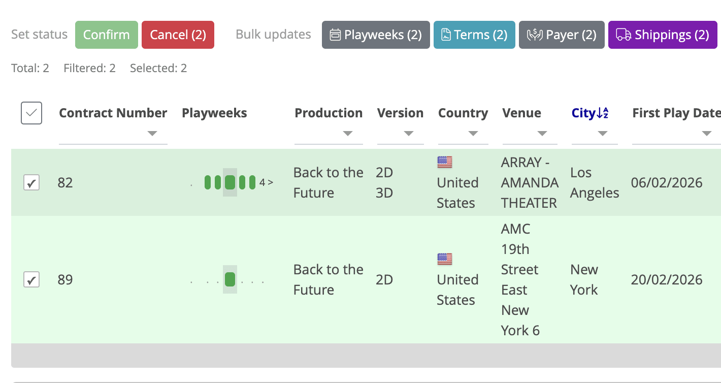 Bookings list with confirmed bookings selected and bulk action buttons including Shippings visible