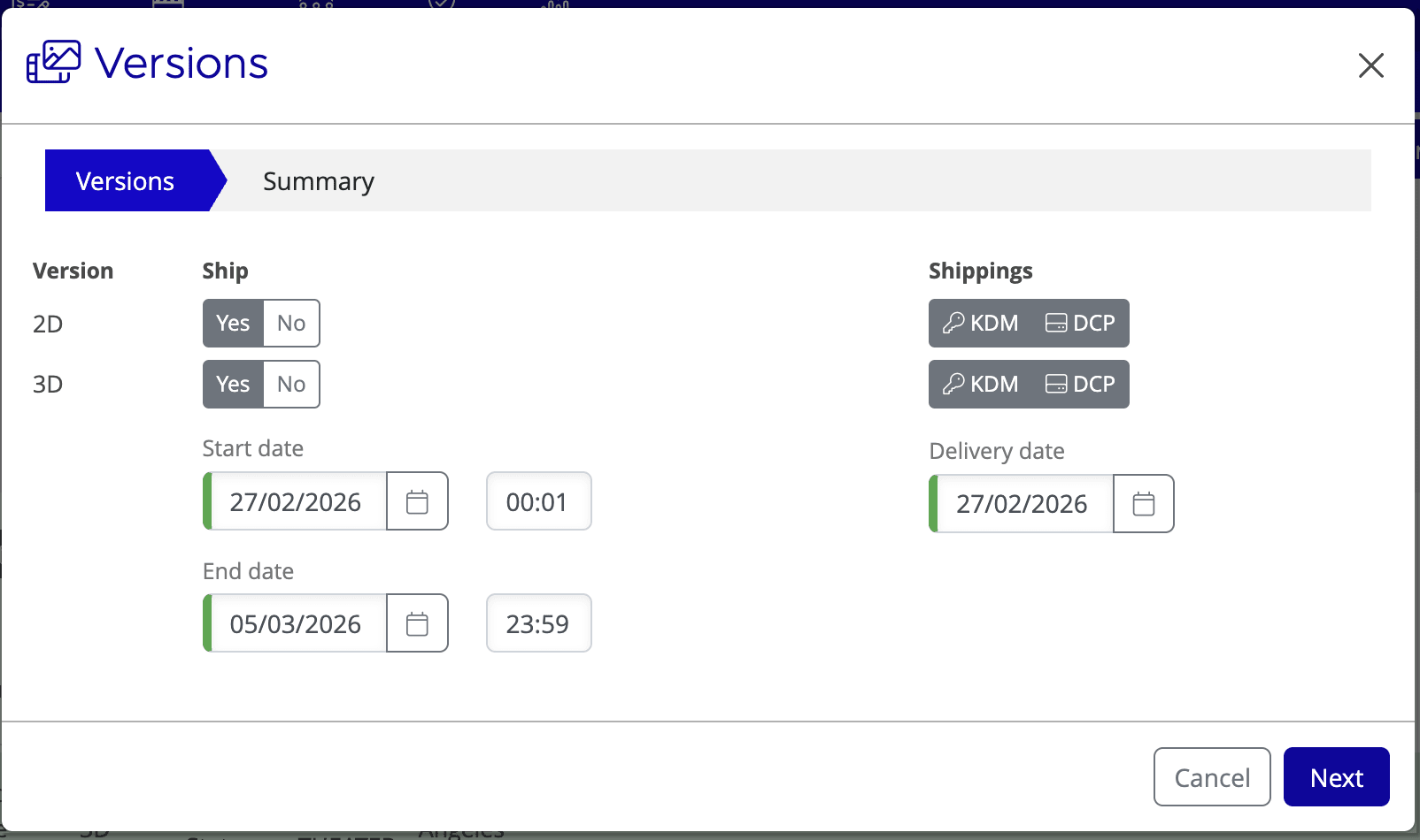 Versions dialog showing version rows with Ship toggles, KDM and DCP toggles, and date fields