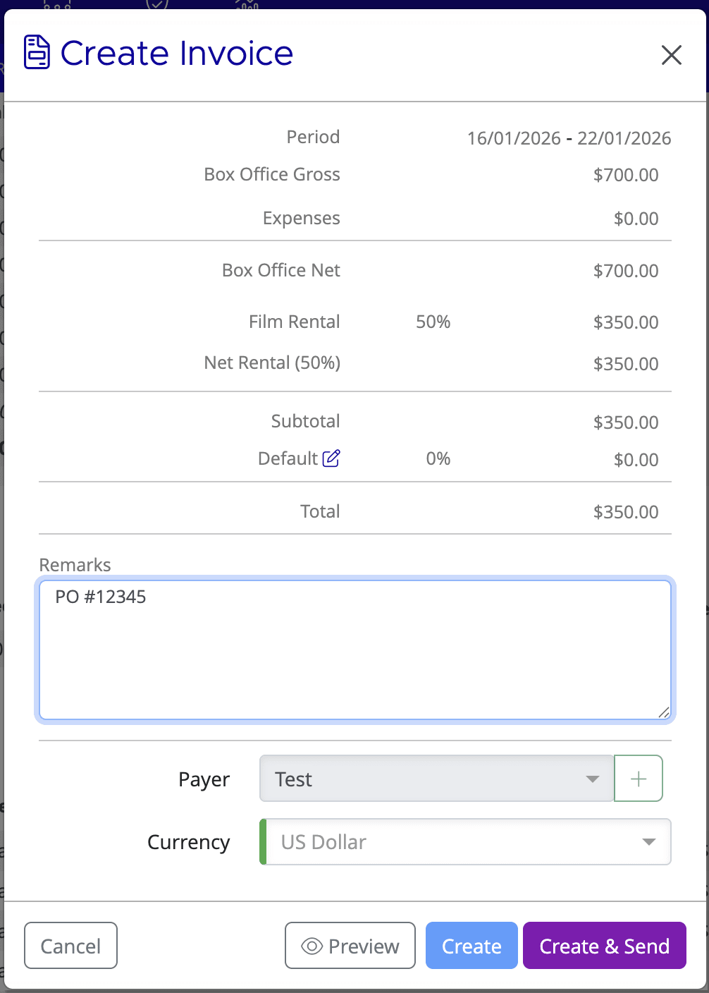 Create Invoice dialog showing the Remarks text field, Payer dropdown, and Create and Create & Send buttons